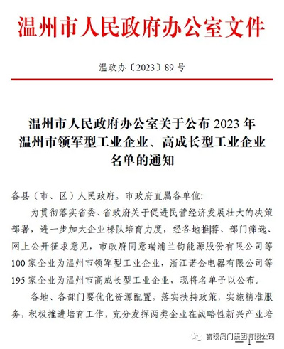 喜報：吉泰閥門集團榮獲23年溫州市高成長型工業企業
